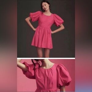 Anthropologie women’s Puff-Sleeve Romper Dress Cotton Poplin Pink Size 4 NWT
